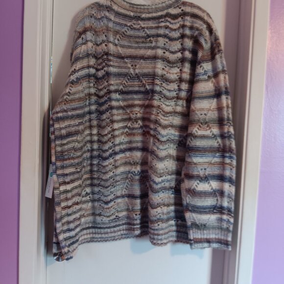 Women's Fate 3 XL Crew Neck Fuzzy Open Weave Striped Sweater - Picture 6 of 8